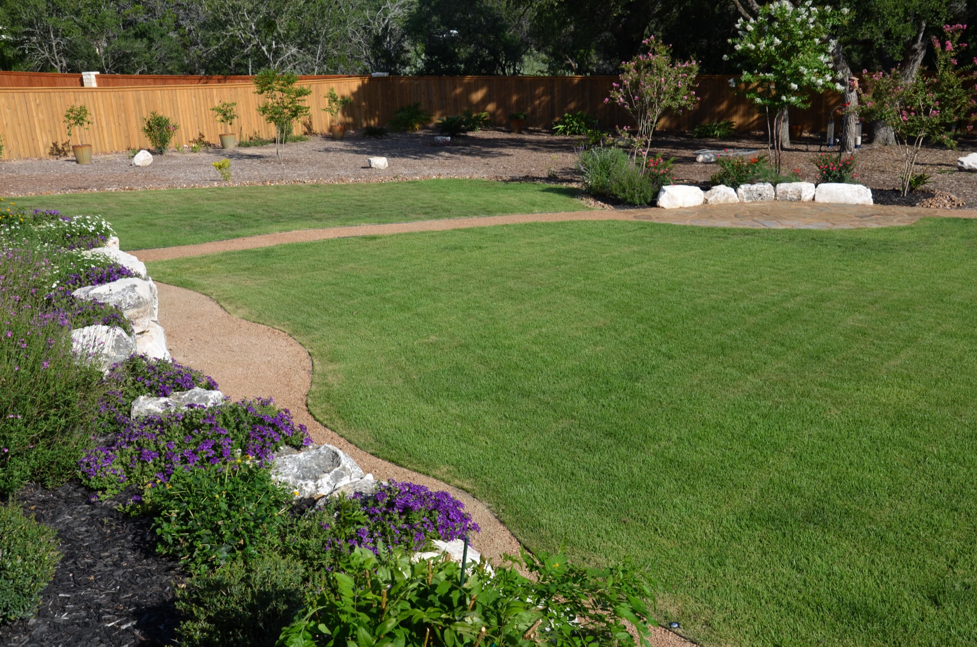 Curved stone path through green backyard lawn