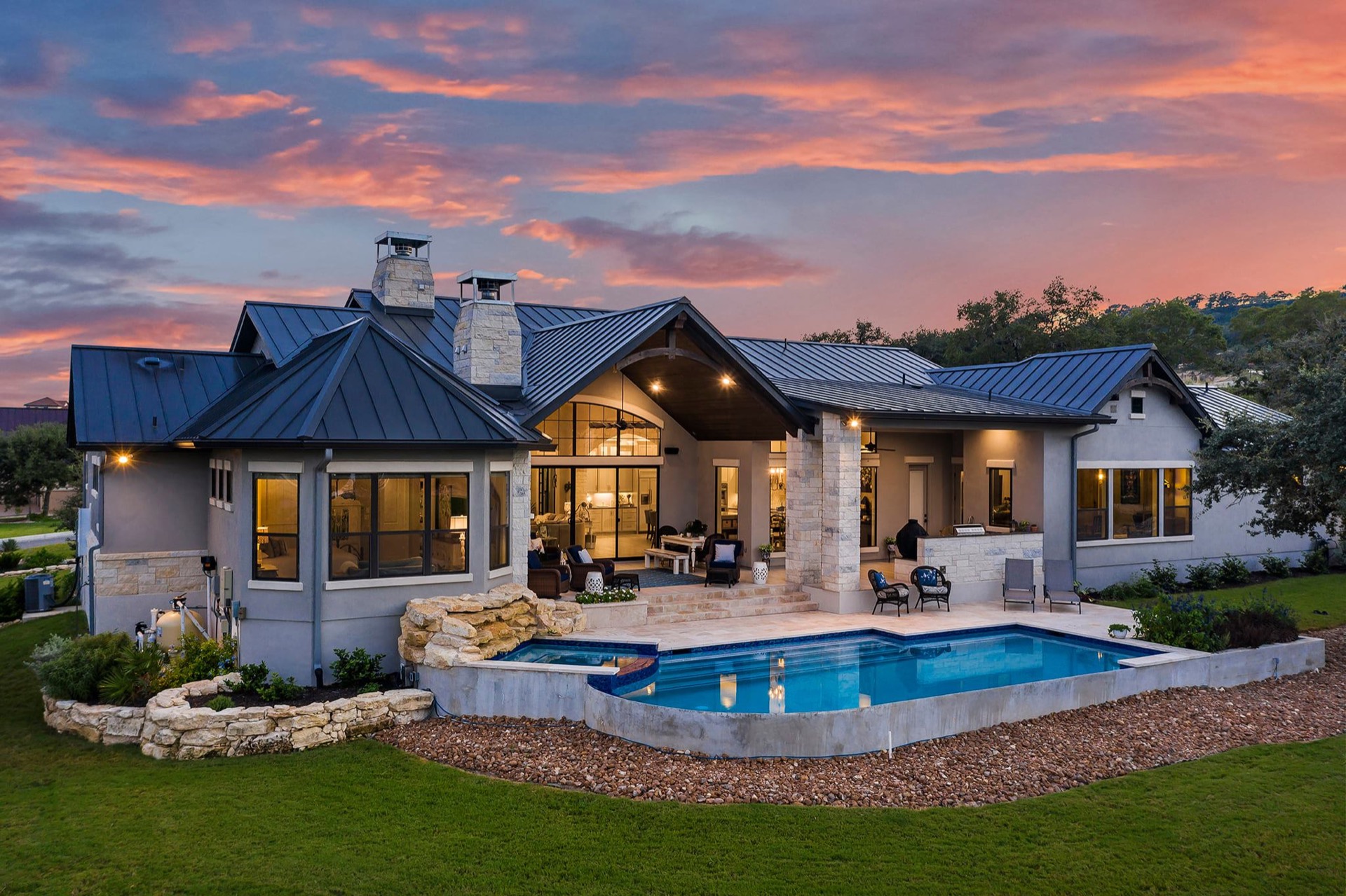 Pool and patio landscaping at sunset